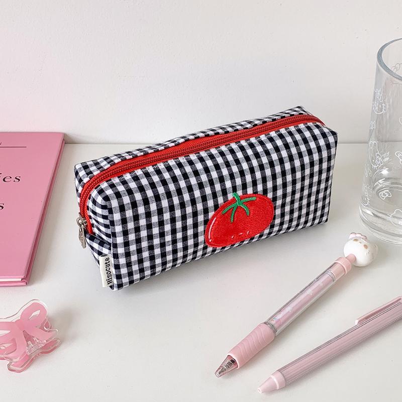 1Pcs Portable Canvas Pencil Case Tomato Gingham Storage Organizer Makeup Bag Large Capacity Cosmetic Bag Women Girls