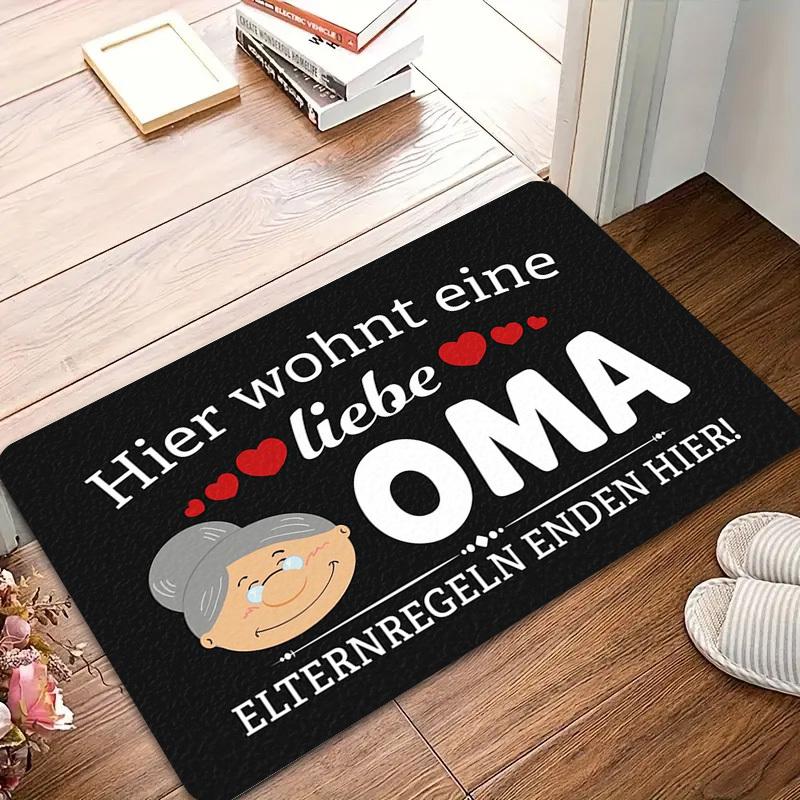 German Oma Welcome Mat - "Here Lives a Loving Grandma" Black Humorous Doormat with Hearts, Machine Washable Flannel Entrance Rug