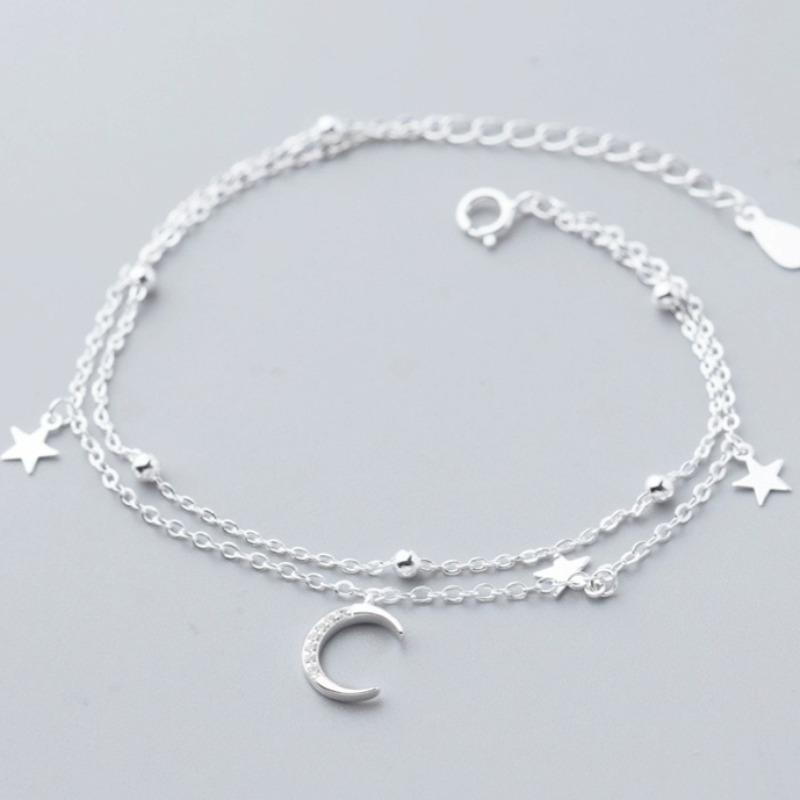 925 Silver Star Moon Bracelet Women Girls Vintage Korean Crystal Charm Jewelry Gift Sparkling Party Accessories