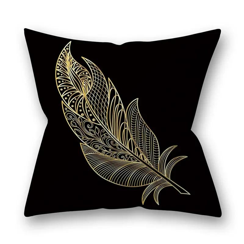 45x45cm Golden Feather Black Pillowcase Custom Leaves Plants Cushion Cover Sofa Living Room Home Decor Square Pillowslip