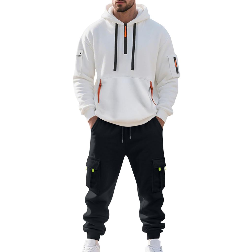Men's Solid Color Casual Suit Loose Sports Hooded Sweatshirt With Pockets Multi Pocket Overalls Suit