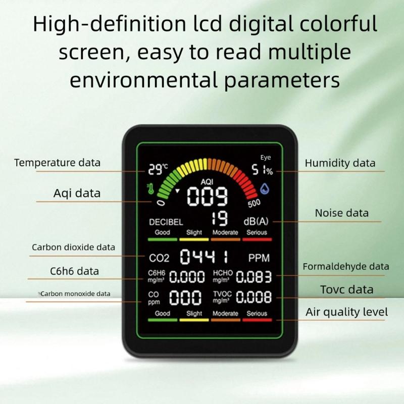 Air Quality Monitor With CO CO2 C6H6 Formaldehyde TVOC Temperature Humidity Detections And Noise Meter For Home Office Lab