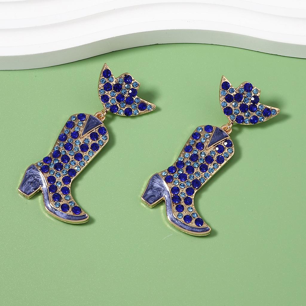European and American Fashion New Western Denim Wind Alloy Inlaid with Colored Diamond Earrings, Boots Dripping Oil Creative Design Earrings