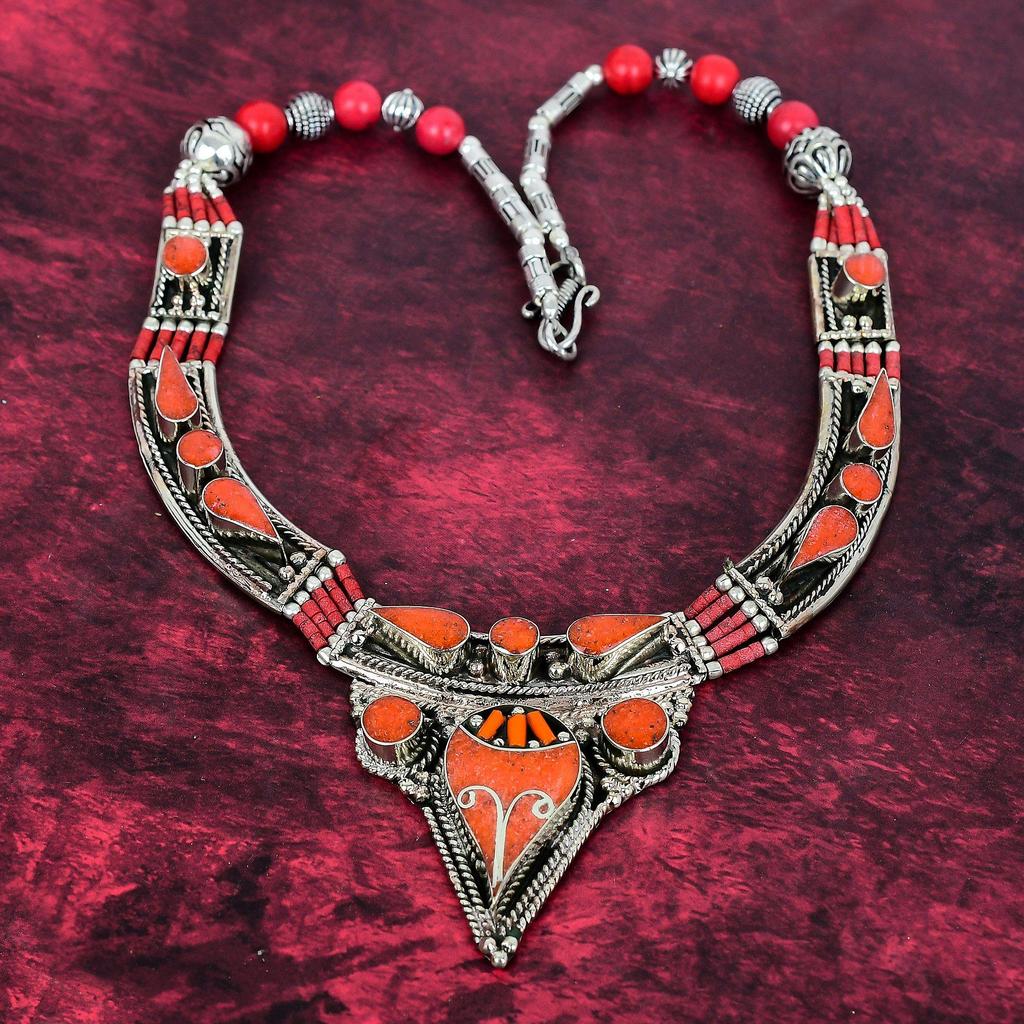 Coral Nepali Necklace Handmade Jewelry, 925 Solid Sterling Silver Necklace Designer Gemstone Jewelry Adjustable Chain Necklace