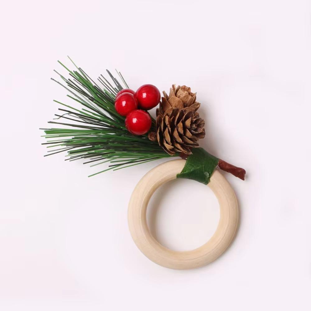6pcs with Red Berries Christmas Pine Needle Napkin Ring Wooden Napkin Buckle Restaurant