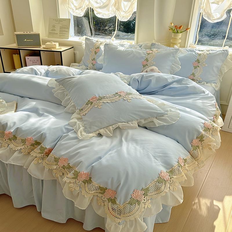 Korean Princess Style Flowers Lace Ruffles Duvet Covers Bed Skirt/Fitted Sheet Pillowcase Bedding For Girls Luxury Home Textiles