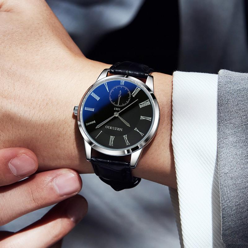 Men's Blue Leather Strap Fashion Wristwatch