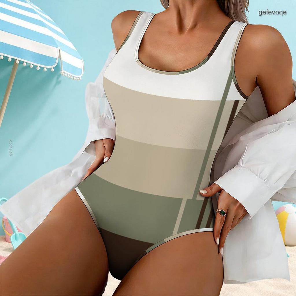 Women Plus Size Geometric Printed Scoop Neck Wide Straps High Cut One Piece Swimsuit Black White Orange