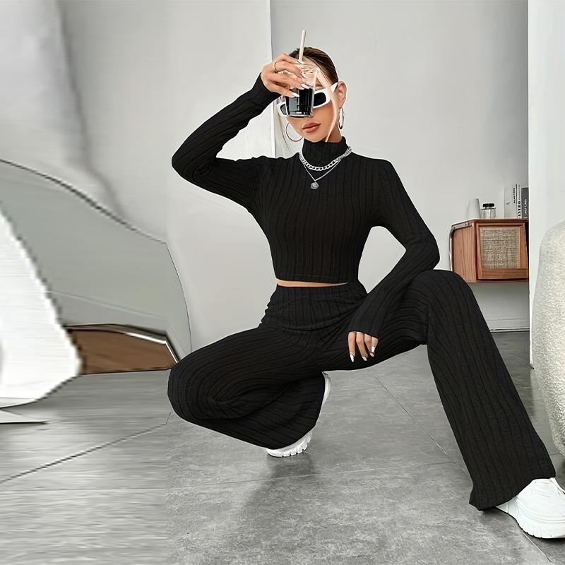 Women's Knitted Pullover Pants Two Pieces Set Slim Long Sleeved Mock Neck Top High Waist Wide Leg Pant Outfits