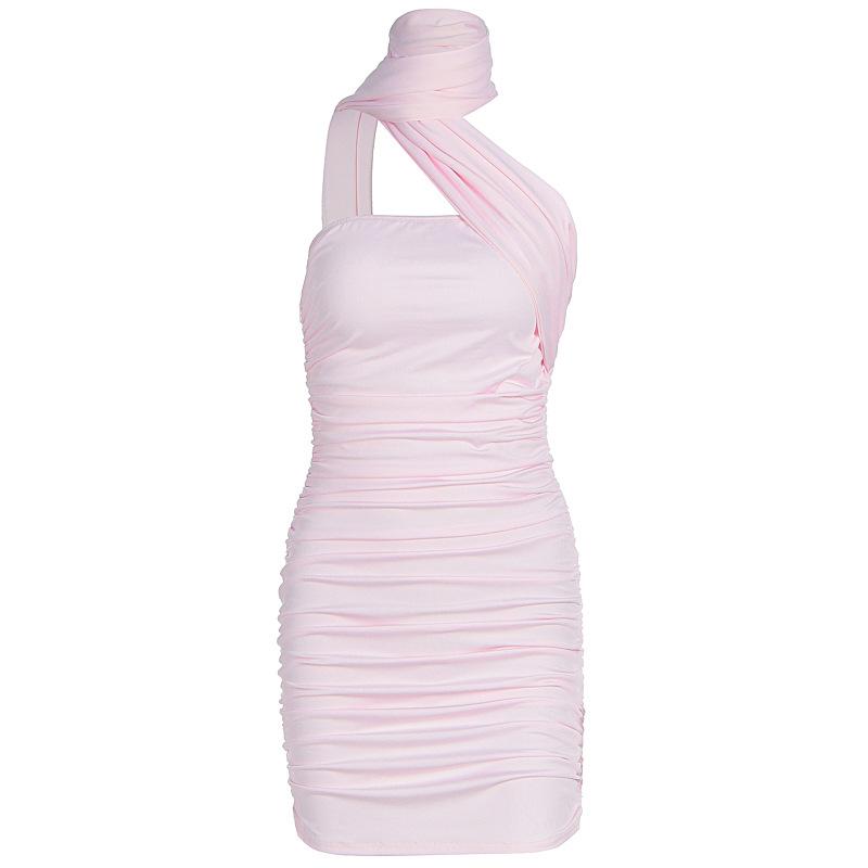 Summer New European and American Style Women's Clothing Sexy Tube Top Scarf Halter Pleated Mid-waist Slim Dress