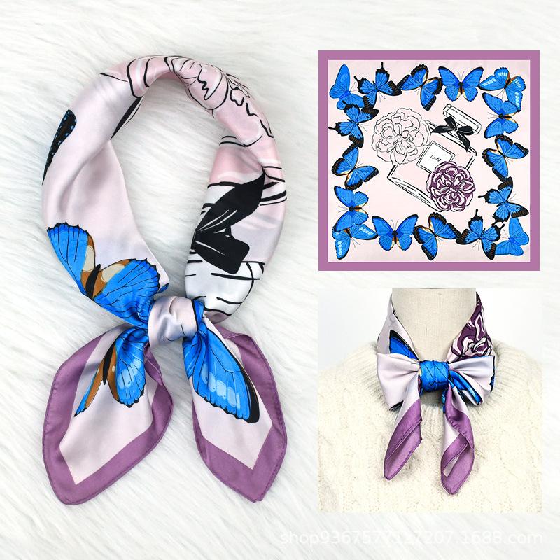 Spring and summer 71 new blue butterfly fashion commuter silk scarf pink perfume plant flower small square scarf scarf