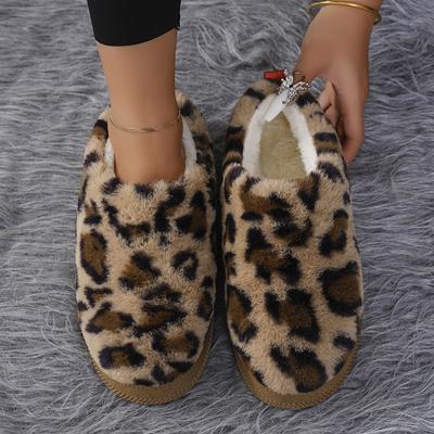 Leopard Print Platform Slippers Women Winter Non Slip Faux Fur Snow Boots Woman 2024 Thick Sole Short Plush Ankle Botas Mujer