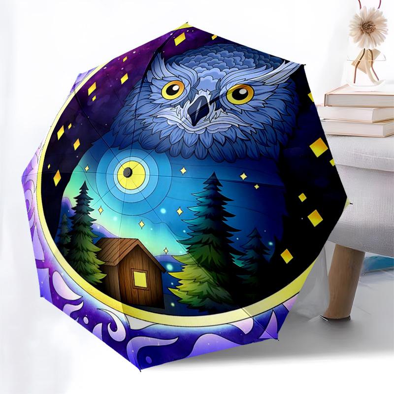 

1pc Night Sky Owl Auto-Folding Umbrella: Portable 3-Fold Design with Iron Frame, Perfect for Outdoor Adventures & Festive Gifts!KK071