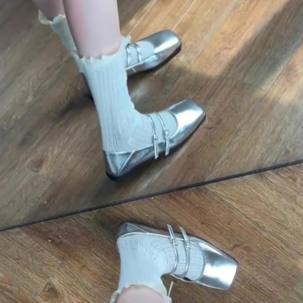 Soft Leather Version~ Cross-buckle Strap Light Mouth Versatile Flat-soled Single Shoes Women's Retro French Silver Ballet Shoes Mary Jane Shoes