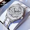 OUPINKE Woman Watch Diamond Dial Swiss Quartz Ladies Wristwatch Ceramic Steel 50M Waterproof Four Leaf Clover Clock Reloj