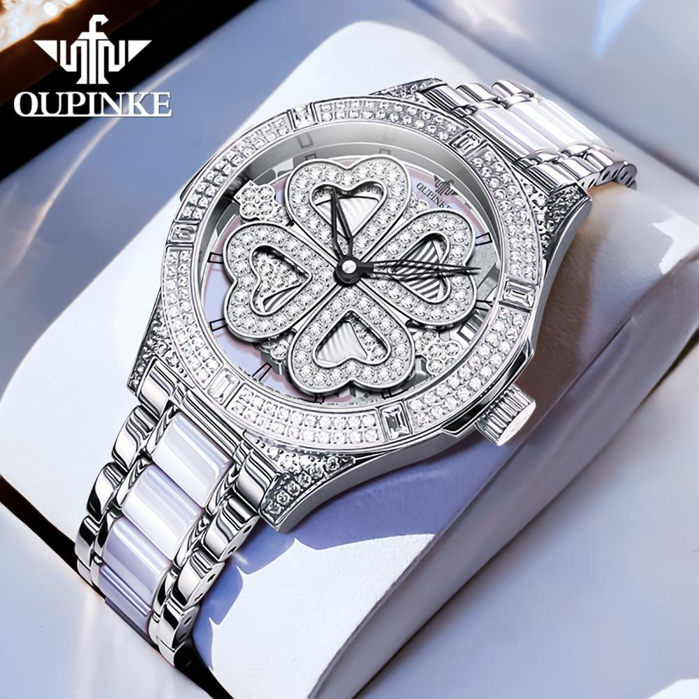 OUPINKE Woman Watch Diamond Dial Swiss Quartz Ladies Wristwatch Ceramic Steel 50M Waterproof Four Leaf Clover Clock Reloj