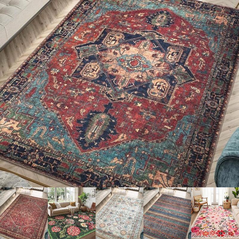 Dywan Vintage Bohemian Medallion, centralny motyw geometryczny na tradycyjnej bordiurze, dekoracja podłogi do klasycznych wnętrz.