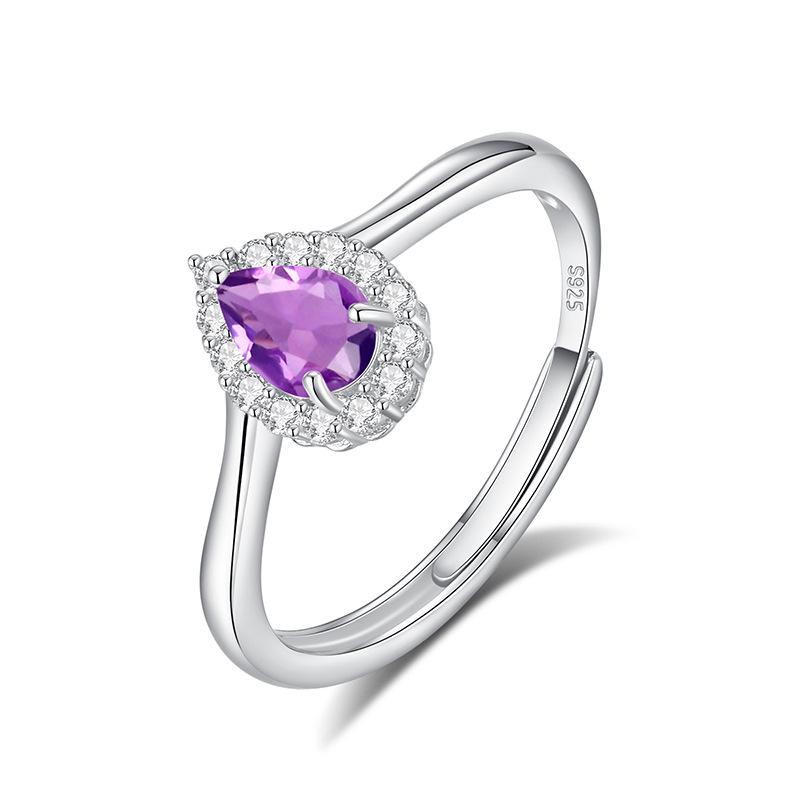 Classic S925 Sterling Silver Ring, Oval Natural Crystal & CZ Adjustable Band for Ladies