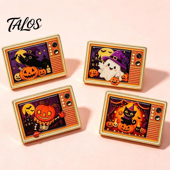 Holiday Costume Accessory Retro TV Brooch for Halloween, Pumpkin Ghost Black Cat Crow Halloween Party Badge, Lapel Pin Sweaters Jackets Scarves