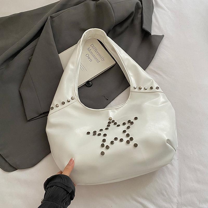 Retro Star Rivet Tote Bag Solid Pu Leather Shoulder Bag Large Capacity Female Casual Shopping Underarm Pack Lady Handbag