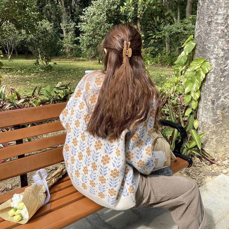 Women's Y2K Thick Flowers Cardigan Knit Sweater Knitwear Winter Shirts Pullovers Korean Style Clothes Outer For Women 2024