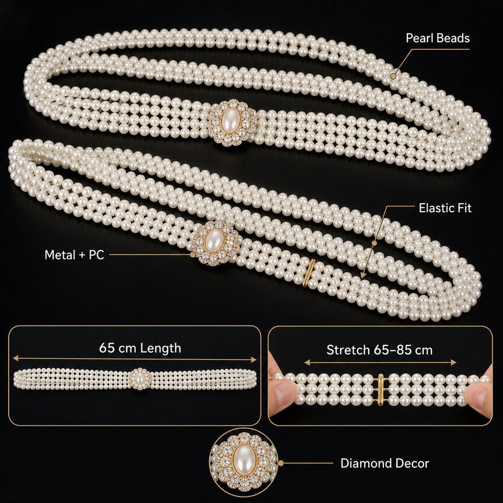White Imitation Pearl Elastic Belt Metal Waist Chain New Beaded Belt Party Accessories