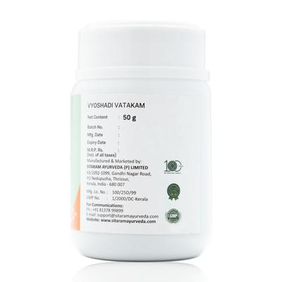 Sitaram Ayurveda Vyoshadi Vatakam | Ayurvedische Kautabletten mit Trikatu | Unterstützt das Atemwohlbefinden, die Rachengesundheit & das freie Atmen | 50
