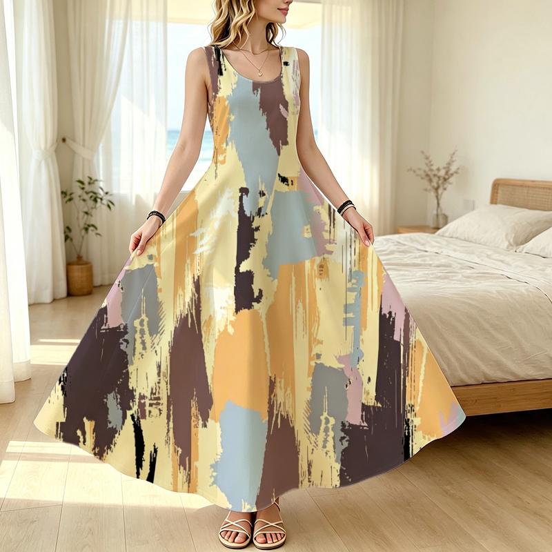 Sleeveless Abstract Art Maxi Dress Loose Fit,Lightweight Fabric,Versatile for Daily Commute,Home Leisure & Travel Photos