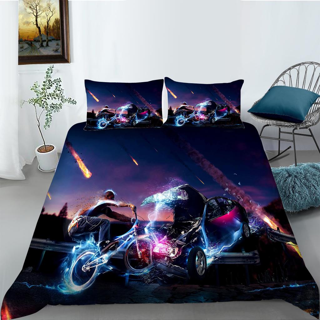 Comfortable Motorcycle Themed Bedding Set 3D Down Duvet Cover 2/3 Pieces for Boys/teenagers/men's Rooms AU180 * 210 Full Size Duvet Cover