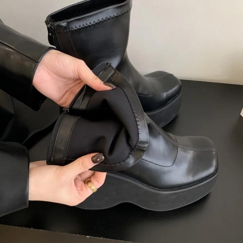 Genuine Leather Platform Thick High Heels Womens Ankle Boots Black Square Head Rear Zipper Comfy Gothic Shoes Zapatos Mujer