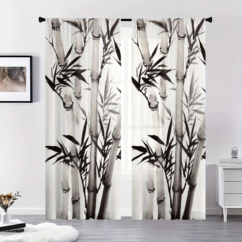 Modern Style Bamboo Wall Print Curtains for Living Room Bedroom Easy To Hang Semi-Transparent Machine Washable Home Decoration