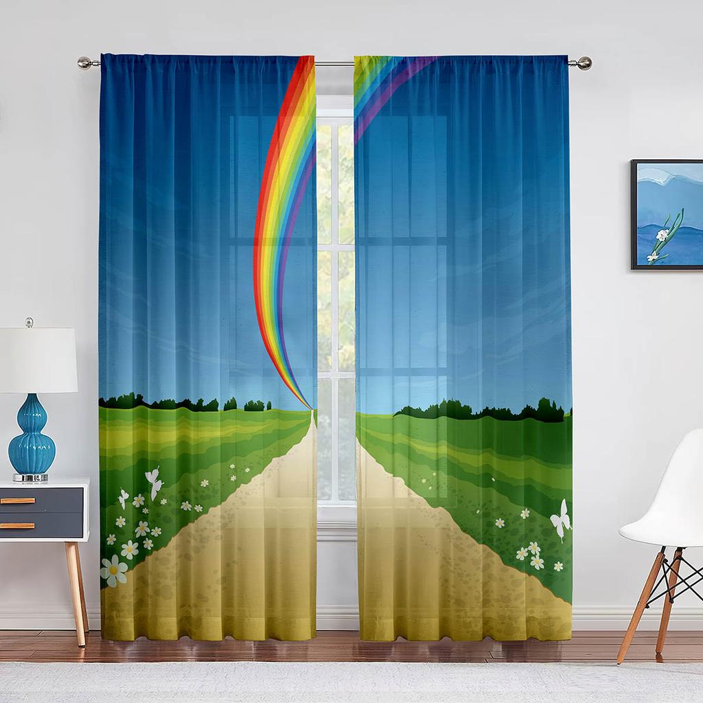 Fluffy Clouds and Rainbow Sky Tulle Curtains for Living Room Kids Bedroom Decoration Chiffon Sheer Voile Window Curtain Drapes