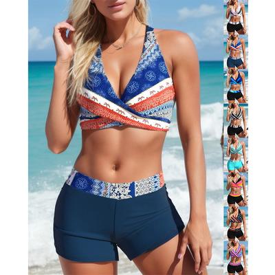 Women's Summer Bikini Suit Beachwear Sensual Two Piece Quad Shorts Vegan Striped Swimsuit S-5XL