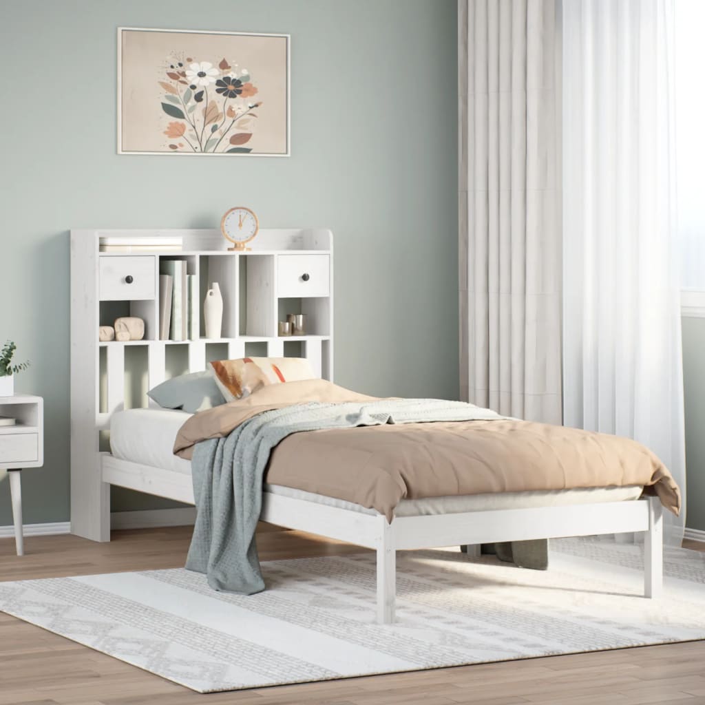 Solid Wood Bed with Shelf Without Mattress White 75x190 cm Pine