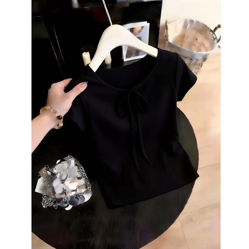 New Korean Version Summer Front Shoulder Short-sleeved T-shirt Student Waist Design Chic Short Top Women's Bottoming Shirt