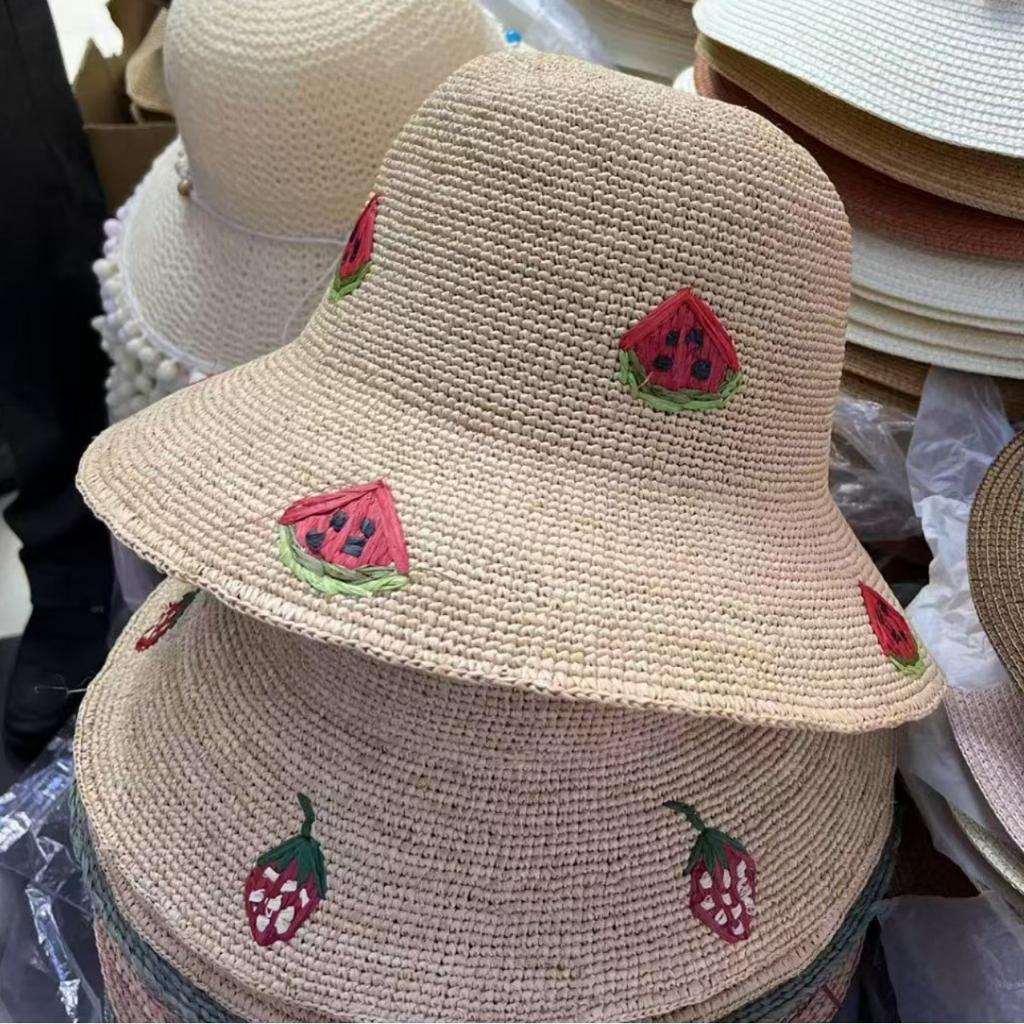 2026 Spring Summer New Watermelon Heart Strawberry Embroidered Straw Hat Women Summer Hand Crocheted Raffia Beach Fisherman Hat