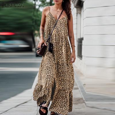 Womens Casual Leopard Print Summer Straps Sleeveless Wide Leg Jumpsuits