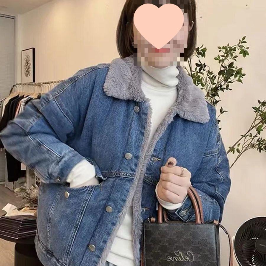 Hong Kong Style Women's Loose Denim Jacket - New Year Edition Single-Breasted, Long Sleeve, Plus Velvet Thickened.