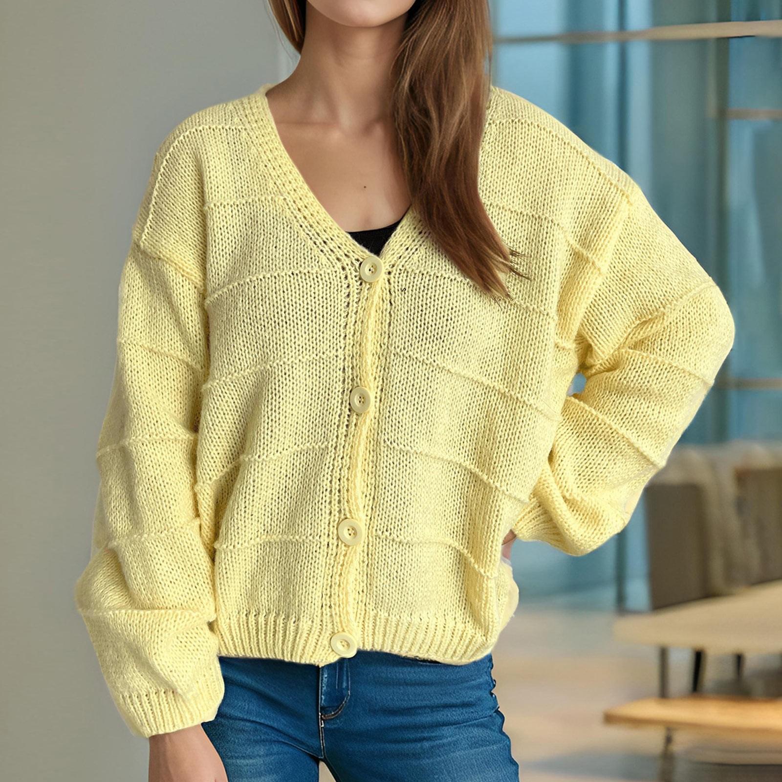 

Осенний тонкий ленивый топ с V-образным вырезом, однотонный вязаный кардиган, женский повседневный свитер с рукавами-фонариками S жёлтый