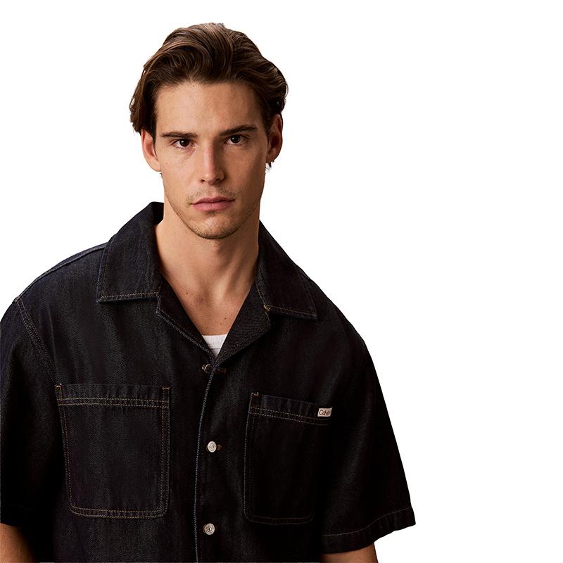 Calvin Klein Jeans Lyocell Blend Vintage American Cuban Collar Short Sleeve Denim Shirt Men shirts 4RG733G