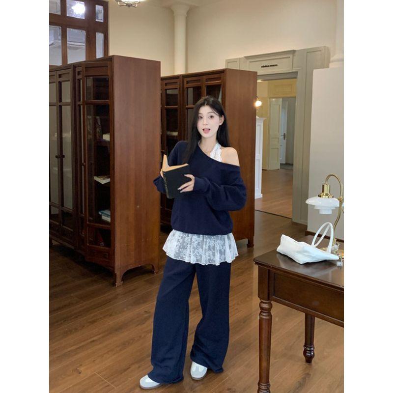 Fashion Casual Set Loose Oblique Shoulder Sweatshirt Women's Lace Small Tank Top Top Autumn High Waist Loose Pants Three-Piece Set