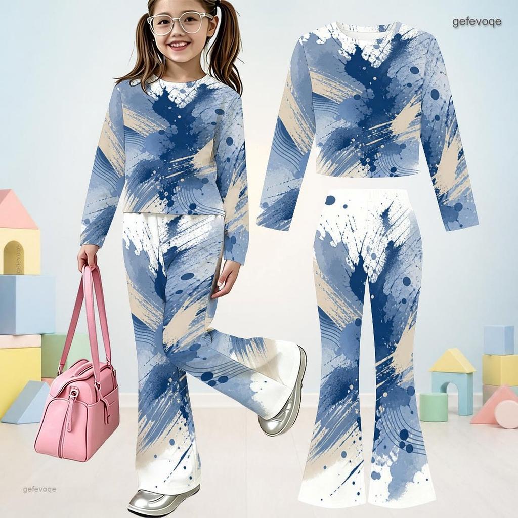 Girls Printed Two Piece Outfit Round Neck Long Sleeve Top Flared Pants Blue Beige White