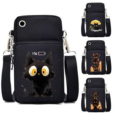 Siyah Kedi Mini Cep Telefonu Çantası Kadın Haberci Çantası Anime Hayvan Yavru Kedi Askılı Boyun Madeni Para Dikey Çanta Küçük Çapraz Çanta