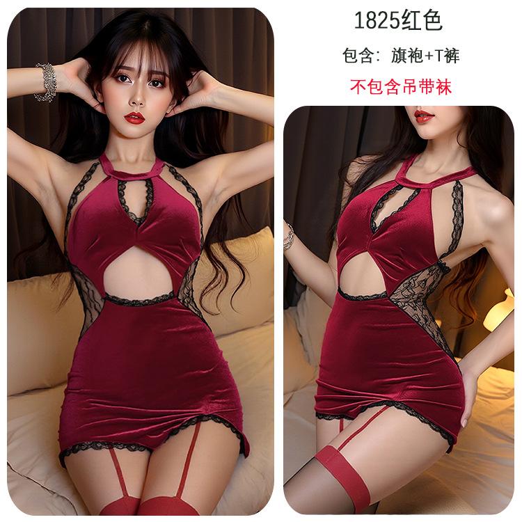 Sexy lingerie sexy lace stitching velvet cheongsam uniform seduction hot perspective