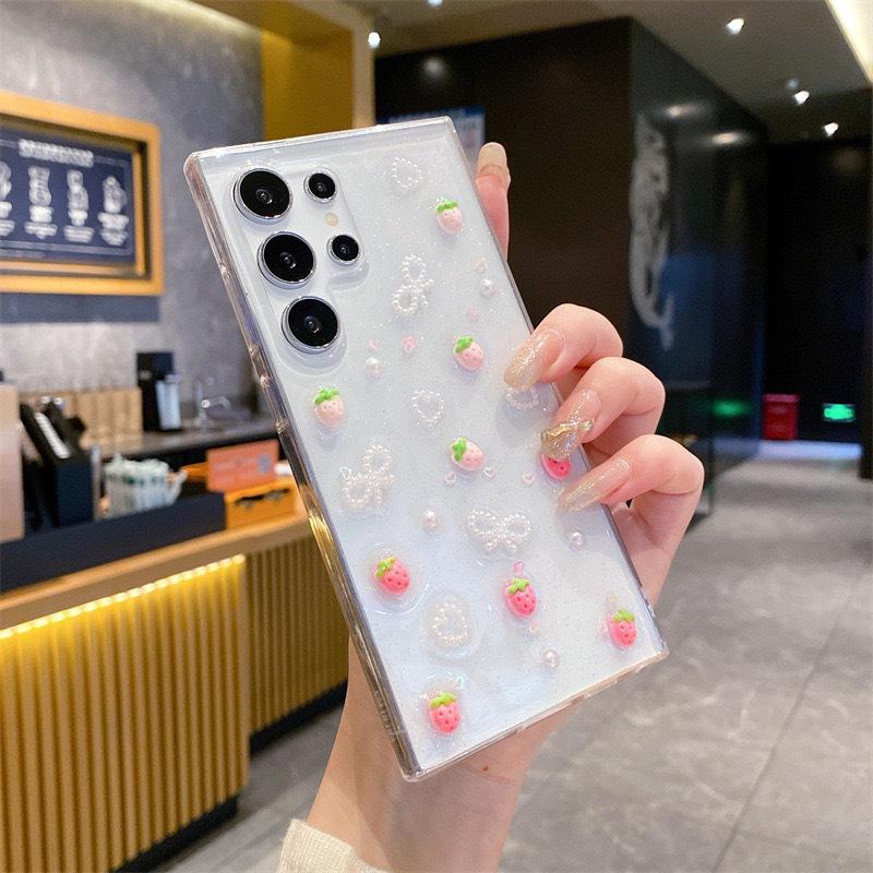 Glue Strawberry Bow for Samsung S25ultra Phone Case for S24FE Love A16 Transparent A56 Simple