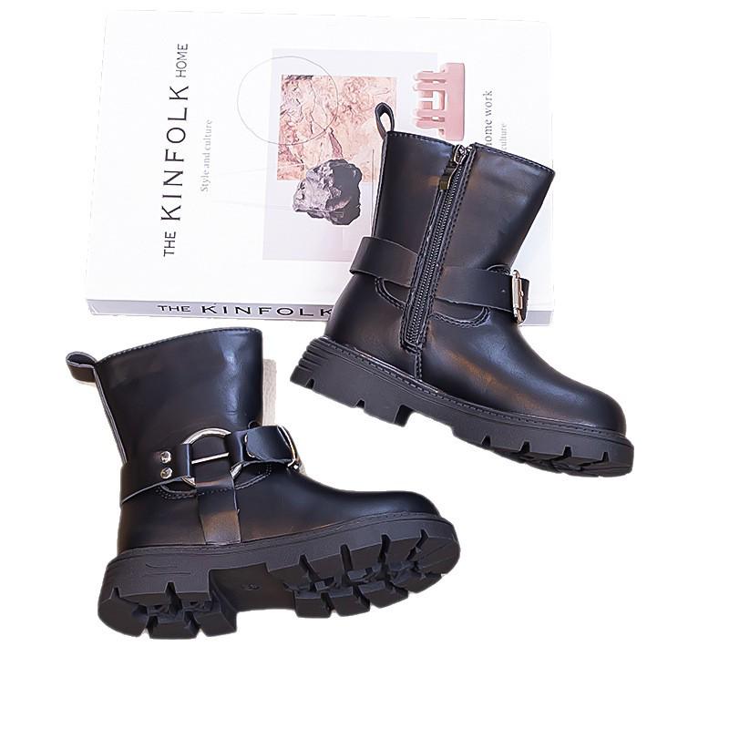 2025 Autumn/Winter Girls' Mid-Calf Leather Boots with Side Zipper and Velvet Lining