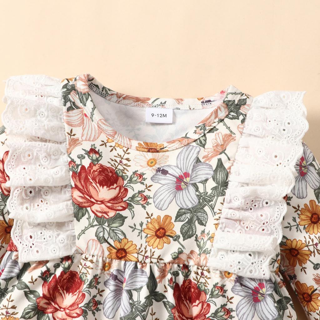 Baby Children's Long Sleeved Flower Lace One-piece Khaki Girl's High Waist Climbing Suit