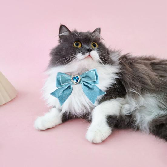 Cats Dog Collar Velvet Bow Tie Adjustable Anti-Choking Puppy Necklace Heart Shape Rhinestone Decoration Lightweight Comfortable Birthday Accessories