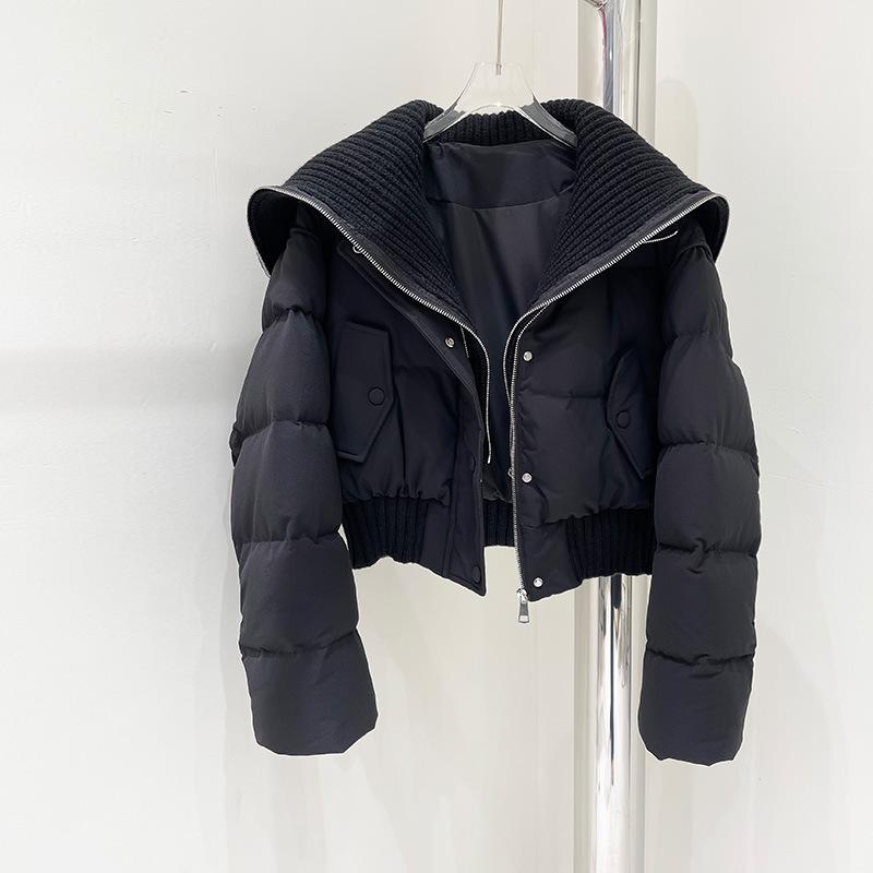New down jackets for women in autumn and winter, ultra-short foreign style, large lapel neck, knitted splicing, white duck down jacket thickened