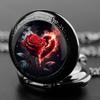 Stainless Steel Quartz Pocket Watch with Rose Heart Graphic Fashion Necklace Pendant Chain Personalised Jewelry for Men Women